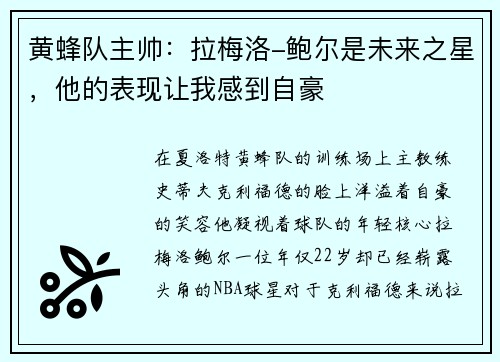 黄蜂队主帅：拉梅洛-鲍尔是未来之星，他的表现让我感到自豪